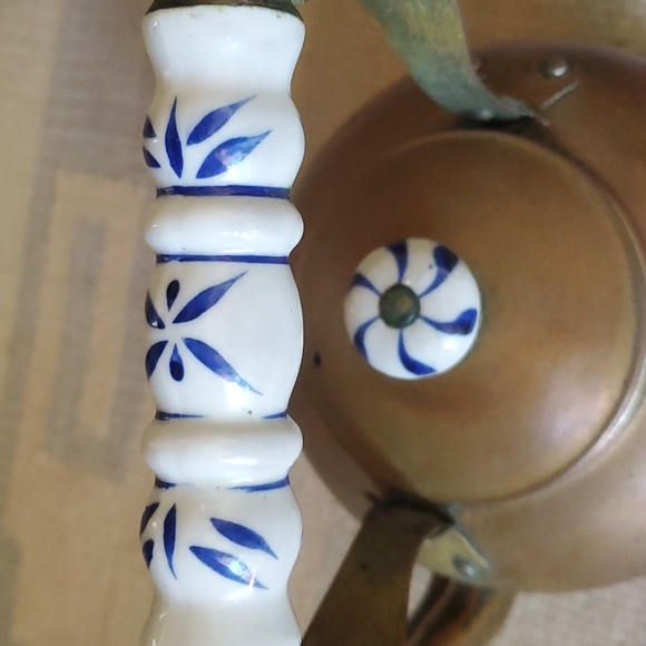 Vintage Cooper and Brass Teakettle/Pot with White Ceramic Handle - Picture 3 of 9